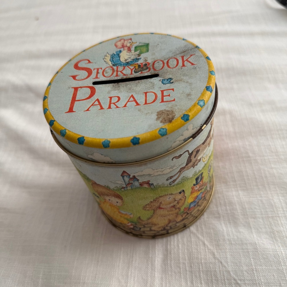 Storybook Parade Vintage 1970s Round Tin Coin Bank Nursery Rhyme Characters